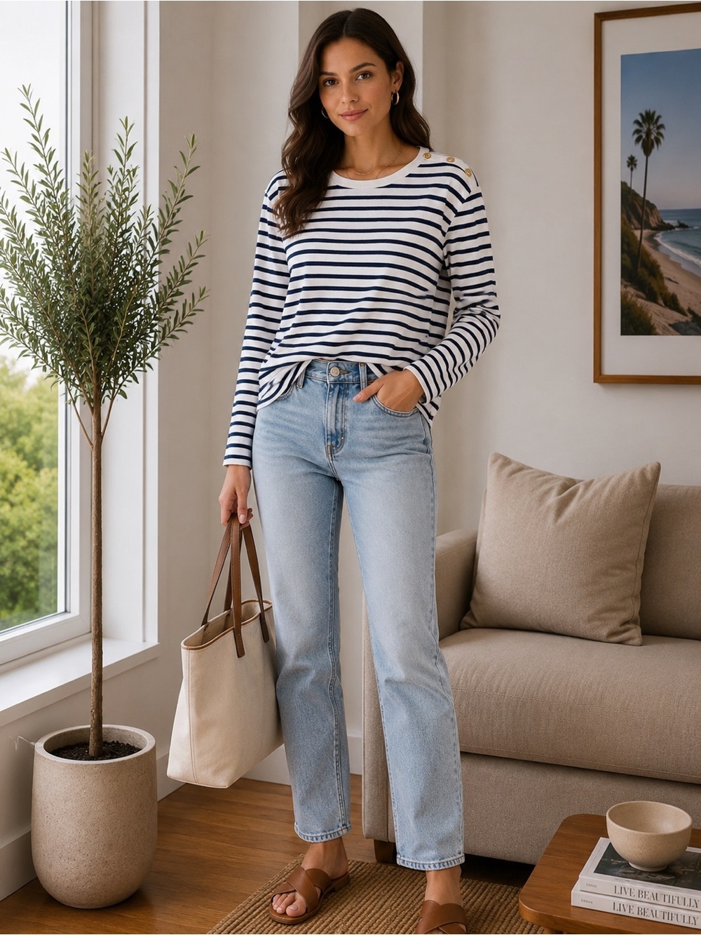 J. Crew Long Sleeve Stripe White Blue with Gold details size XL